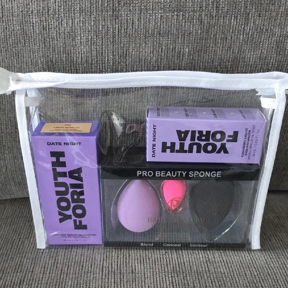 Youthforia Date Night Foundation And Skin Enhancer Set With Beauty Sponges, New.